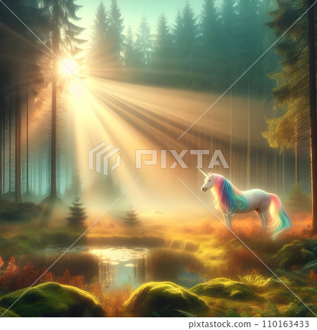 Magic unicorn in the forest. Fairytale scene. ai Magic unicorn in the forest. Fairytale scene. ai 110163433