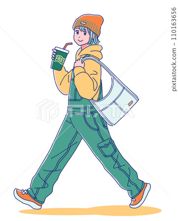 Anime style girl walking with a drink 110163656