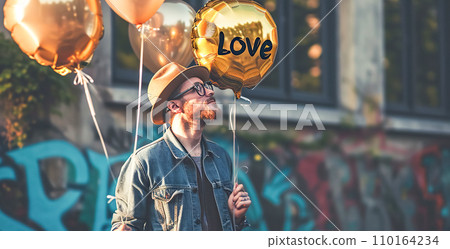 AI-generated content. Young cute hipster guy holding balloon with the text Love, symbol of love, valentine. First date, Valentine's Day AI-generated content. Young cute hipster guy holding balloon with the text Love, symbol of love, valentine. First date, Valentine's Day 110164234
