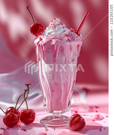 AI-generated content. Cherry milkshake in elegant glass, decorated with whipped cream and fresh cherries against the pink background. 110165105