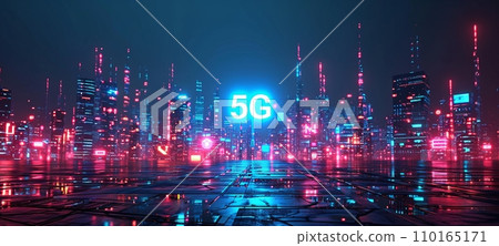 AI-generated content. Neon glowing 5G wireless internet connection symbol against the backdrop of illuminated night modern city. 5G network concept illustration. 110165171