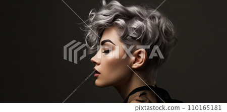 AI-generated content. Close-up profile portrait of a young Caucasian woman with blonde short hair. Attractive female model with trendy hairstyle and perfect makeup. Isolated on black background. 110165181
