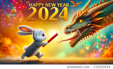 Illustration material: 2024 (Reiwa 6) New Year's card Illustration of a rabbit passing the baton to a dragon "AI generated image" 110165659
