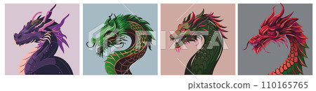 vector dragon collection. Set of Chinese New Year symbol - dragon. Purple dragon, green, gold and gray dragon graphic 110165765