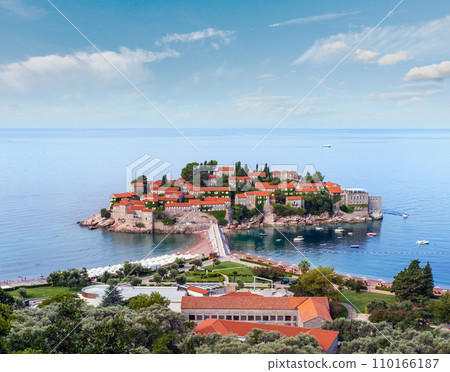 Morning view of Sveti Stefan sea islet (Montenegro). 110166187