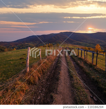 Autumn Carpathian Mountains and dirty countryside path, Ukraine. 110166284