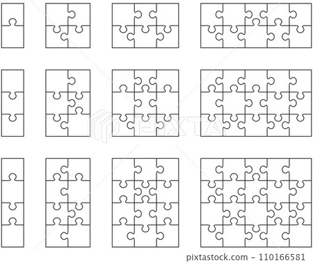 Illustration of twelve white puzzles, separate pieces Illustration of twelve white puzzles, separate pieces 110166581
