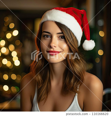 AI-generated content. Portrait of a beautiful woman in a Christmas hat AI-generated content. Portrait of a beautiful woman in a Christmas hat 110166620