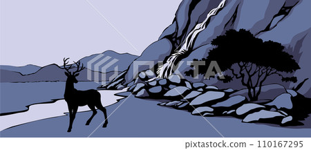 Vector landscape. Deer near a mountain stream 110167295