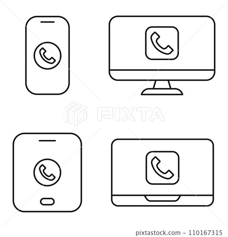 call ring phone icon on pc laptop smartphone tablet line icon set vector flat illustration call ring phone icon on pc laptop smartphone tablet line icon set vector flat illustration 110167315