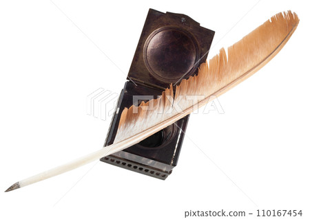 Old vintage feather quill with glass inkwell Old vintage feather quill with glass inkwell 110167454