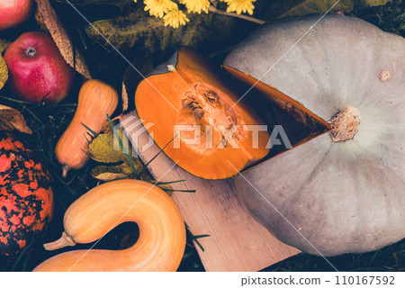 still life with hokkaido, apples and pumpkins, a slice of pumpkin on cutting board. 110167592