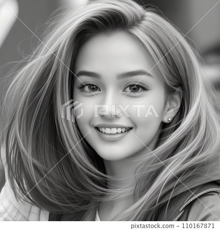 Black and white image of a smiling beautiful woman staring at me Black and white image of a smiling beautiful woman staring at me 110167871