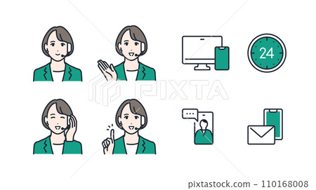 呼叫中心接線生女性簡單彩色圖示插畫集素材 110168008