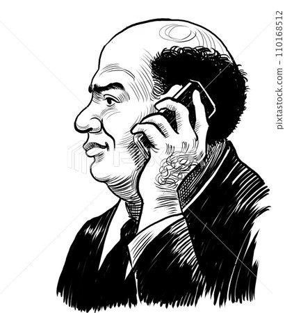Man talking over telephone. Hand-drawn black and white illustration 110168512