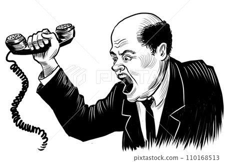Furious man with a telephone. Hand-drawn black and white illustration 110168513