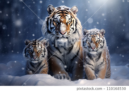 Image of family of siberian tigers is in the middle of a snowstorm in the forest. Mammals. Wildlife Animals. Ai. Image of family of siberian tigers is in the middle of a snowstorm in the forest. Mammals. Wildlife Animals. Ai. 110168530