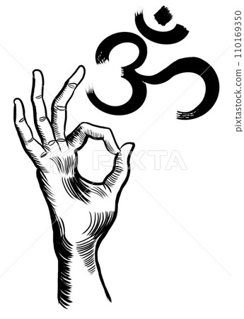 Hand showing Om sign. Hand-drawn black and white illustration Hand showing Om sign. Hand-drawn black and white illustration 110169350