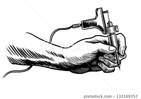 Hand holding a tattoo machine. Hand-drawn black and white illustration 110169352