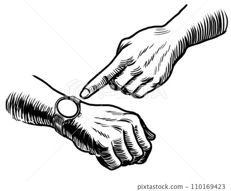 Hand pointing at watch. Hand holding a burning match Hand pointing at watch. Hand holding a burning match 110169423