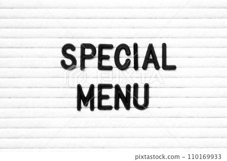 Black color letter in word special menu on white felt board background Black color letter in word special menu on white felt board background 110169933