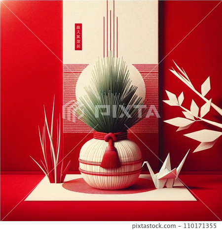 紅色背景和金色摺紙鶴 110171355