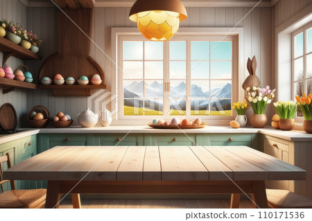 Empty wooden table against easter times background. 110171536