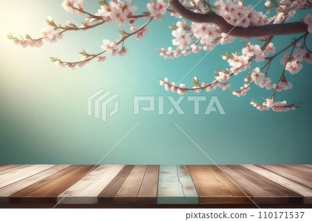 Empty wooden table for product presentation, easter morning. Empty wooden table for product presentation, easter morning. 110171537