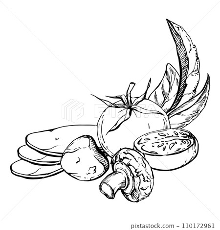 Hand drawn vector ink illustration. Tomato champignon mozzarella cheese basil herb leaves fresh products meal. Composition isolated on white. Restaurant menu, cafe, food shop or package, flyer, print. 110172961
