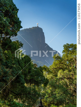 Rear View of Christ the Redeemer Encompassed by Forest in Rio Rear View of Christ the Redeemer Encompassed by Forest in Rio 110173058