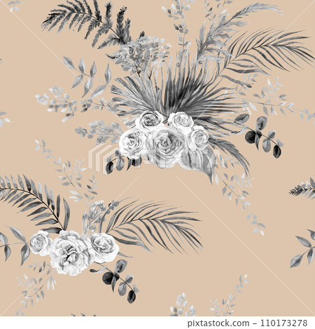Seamless watercolor black and white monochrome pattern with herbarium of tropical palm leaves and roses 110173278