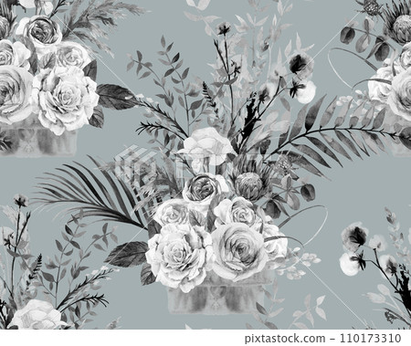 Seamless botanical pattern with watercolor flowers of roses and palm leaves Seamless botanical pattern with watercolor flowers of roses and palm leaves 110173310