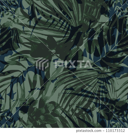 Seamless monochrome pattern with tropical silhouettes of tropical plants in night tropics style Seamless monochrome pattern with tropical silhouettes of tropical plants in night tropics style 110173312