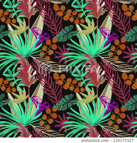 Seamless stylized pattern with night tropical flowers and plants Seamless stylized pattern with night tropical flowers and plants 110173327