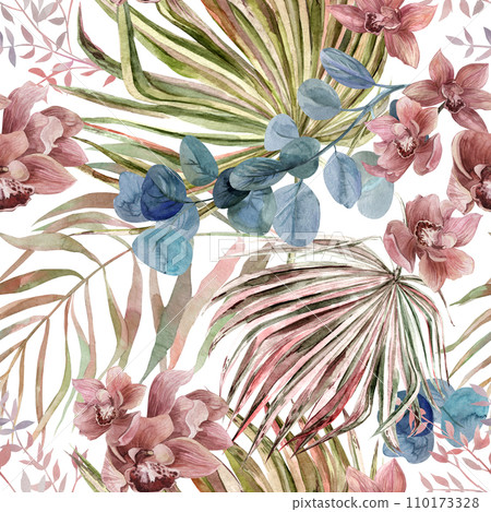 Seamless pattern with orchid flowers and tropical watercolor flowers and herbarium in Boho style 110173328