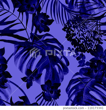 Seamless pattern with watercolor flowers in night jungle style 110173341