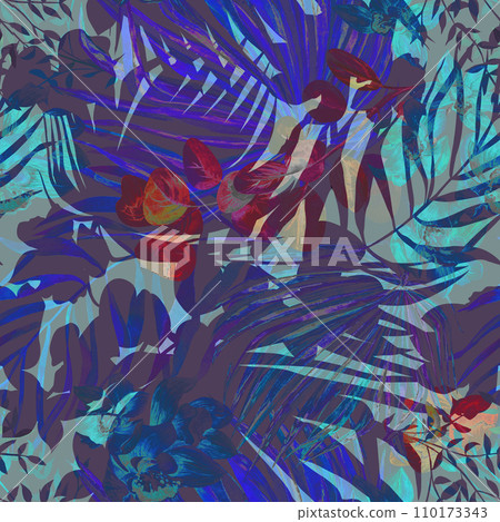 Seamless botanical abstract pattern with watercolor flowers and palm leaves 110173343