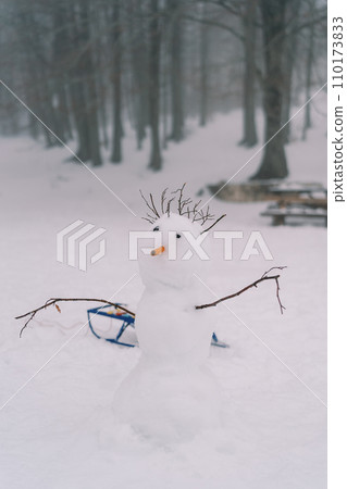 Snowman with stick hair and a carrot nose stands near a sled in a snowy meadow in the forest Snowman with stick hair and a carrot nose stands near a sled in a snowy meadow in the forest 110173833