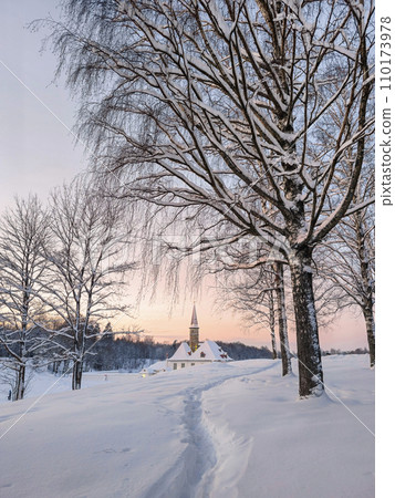 Vertical view of sunny winter frosty sunset. Evening snowy lands Vertical view of sunny winter frosty sunset. Evening snowy lands 110173978