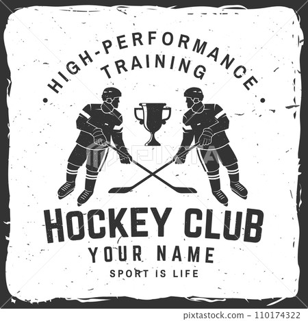 Hockey club logo, badge design. Concept for shirt or logo, print, stamp or tee. Winter sport. Vector illustration. Hockey championship. Hockey club logo, badge design. Concept for shirt or logo, print, stamp or tee. Winter sport. Vector illustration. Hockey championship. 110174322