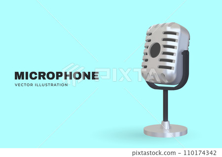 3D silver retro microphone. Vector illustration. Advertising banner for studio, concert or podcasting on blue background. 110174342