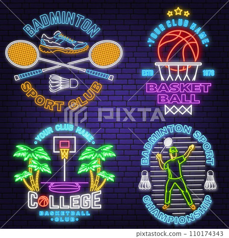 Set of Badminton sport neon emblem. Vector illustration. Vintage badminton label with racket and shuttlecock silhouettes. Concept for web banner, nightly advertising 110174343