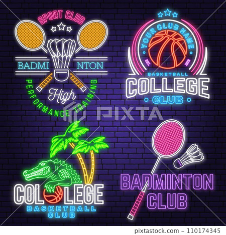 Set of Badminton sport neon emblem. Vector illustration. Vintage badminton label with racket and shuttlecock silhouettes. Concept for web banner, nightly advertising Set of Badminton sport neon emblem. Vector illustration. Vintage badminton label with racket and shuttlecock silhouettes. Concept for web banner, nightly advertising 110174345