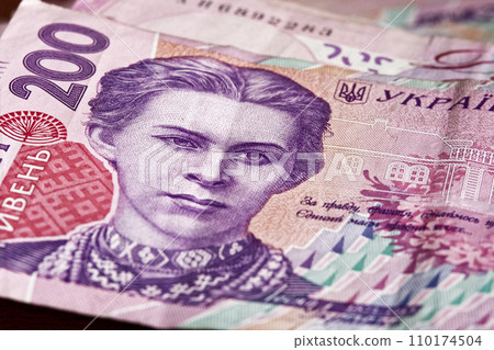 The thoughtful design of Ukrainian banknotes is evident in this close-up photo, emphasizing the portrait of Lesya Ukrainka on the 200 hryvnia bill. The thoughtful design of Ukrainian banknotes is evident in this close-up photo, emphasizing the portrait of Lesya Ukrainka on the 200 hryvnia bill. 110174504