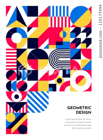 Abstract poster or banner with Bauhaus geometric pattern, vector cover template. Bauhaus pattern background with blue, yellow and red simple shape elements of Swiss or Scandinavian art mosaic pattern 110175494