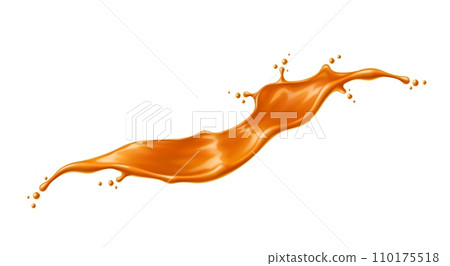 Caramel sauce, syrup wave splash. Isolated realistic 3d vector brown melt toffee stream with splatters. Sweet, golden, liquid candy swirl, splashing with droplets, dynamic motion for ads promo design 110175518