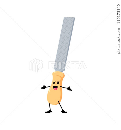 Cartoon funny file diy, building and repair tool character. Isolated vector carpentry instrument with happy smile and googly eyes. Playful and animated personage adding humor to the toolbox ensemble Cartoon funny file diy, building and repair tool character. Isolated vector carpentry instrument with happy smile and googly eyes. Playful and animated personage adding humor to the toolbox ensemble 110175540