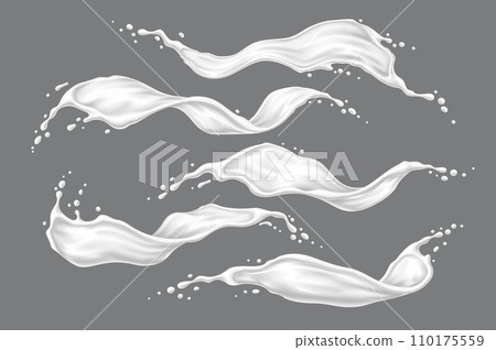 White milk cream or yogurt wave flow splashes. Swirl dairy drink with drops and splatters. Realistic 3d vector liquid swirls and drips, liquid flow streams. Milky or dairy fresh product isolated set 110175559