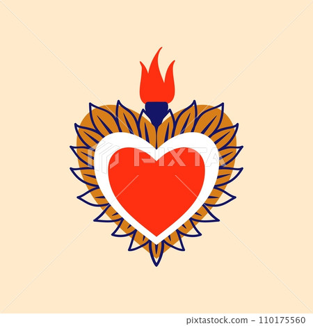 Mexican sacred Jesus heart retro sticker. Mexican God heart , Christian religion spiritual apparel print or Mexico sacred vector symbol. Latin America love tattoo or patch with fire and leaves Mexican sacred Jesus heart retro sticker. Mexican God heart , Christian religion spiritual apparel print or Mexico sacred vector symbol. Latin America love tattoo or patch with fire and leaves 110175560