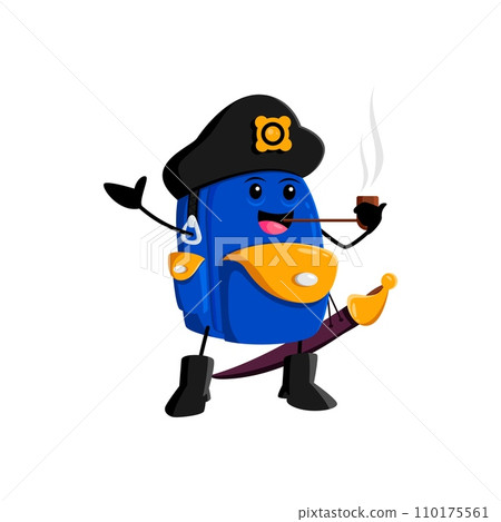 Cartoon school bag pirate and corsair character. Isolated vector playful backpack captain personage in tricorn, smoking the pipe, ready to accompany young adventurers on their educational journey Cartoon school bag pirate and corsair character. Isolated vector playful backpack captain personage in tricorn, smoking the pipe, ready to accompany young adventurers on their educational journey 110175561